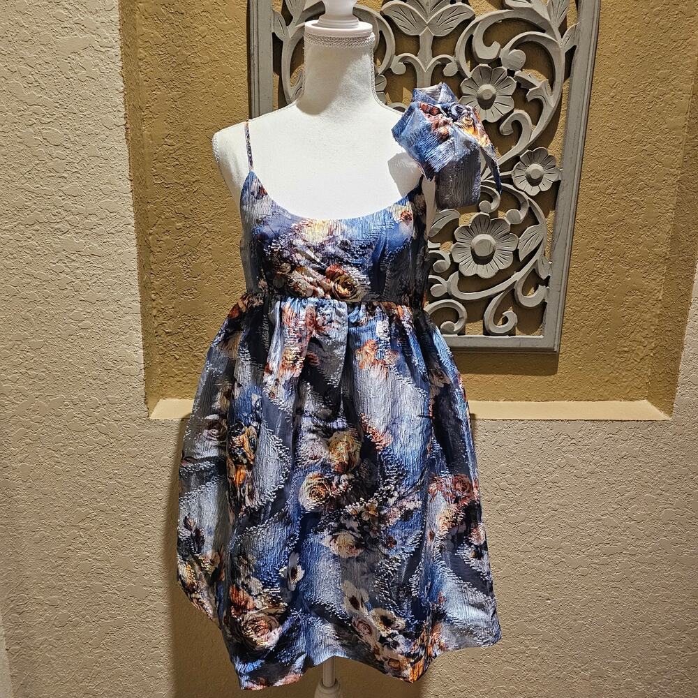 Storia Floral Jacquard Mini Dress S One Shoulder Bow Fit & Flare NWT Cottagecore - Picture 3 of 15